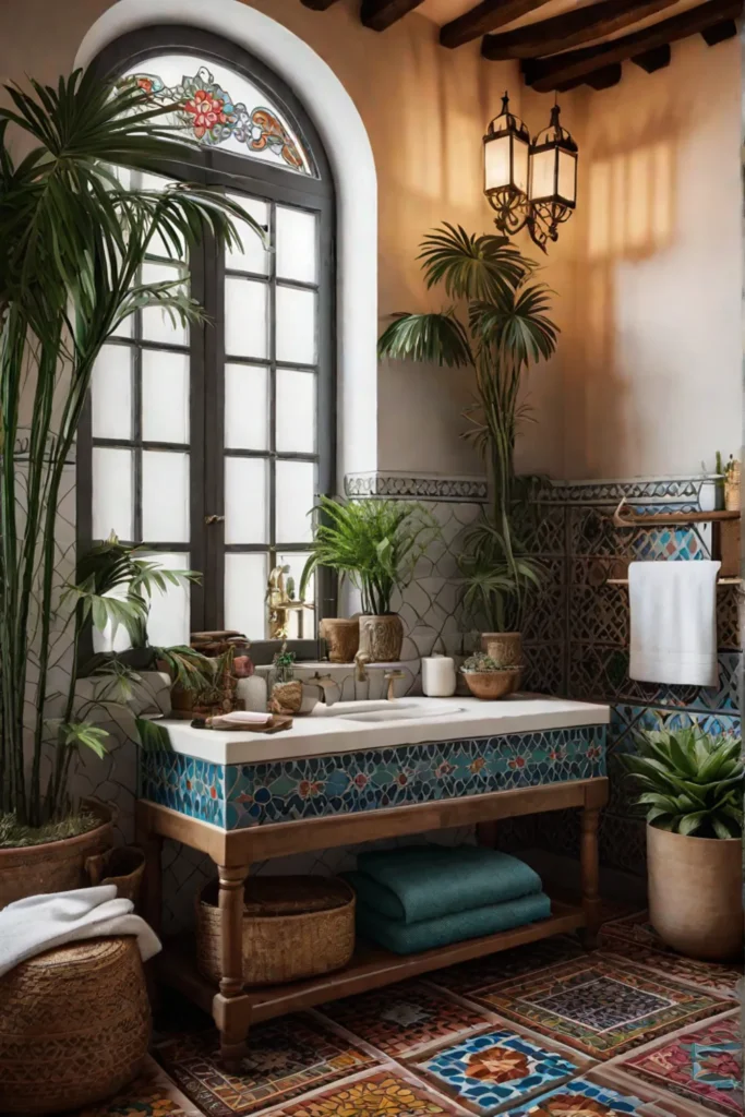 Bohemian bathroom with painted vanity and Moroccaninspired sink