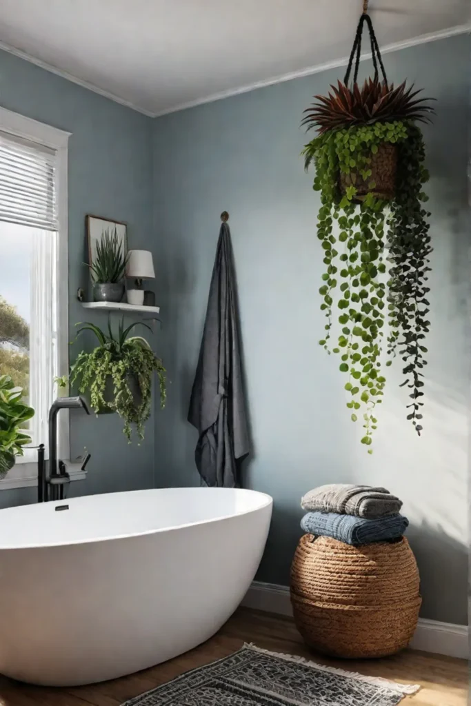 Bohemian coastal bathroom with macrame and succulents