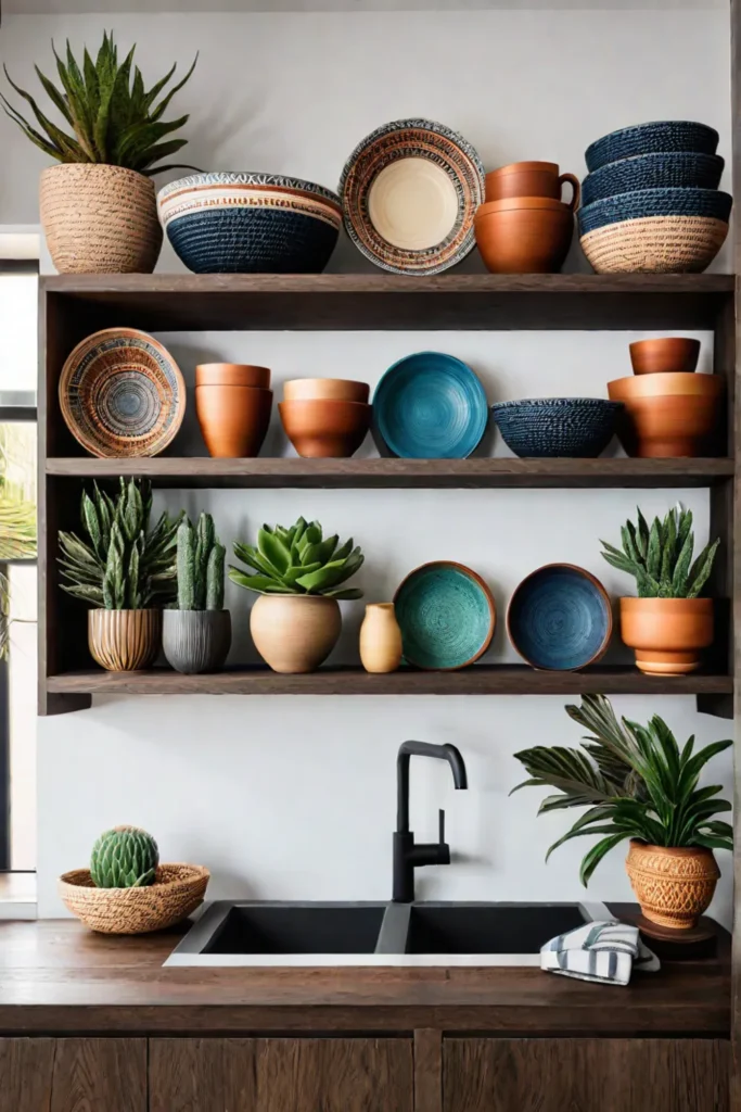 Bohemian kitchen open shelving with colorful baskets and bowls