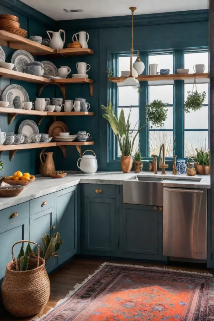 Bohemian kitchen with a gallery wall and open shelves