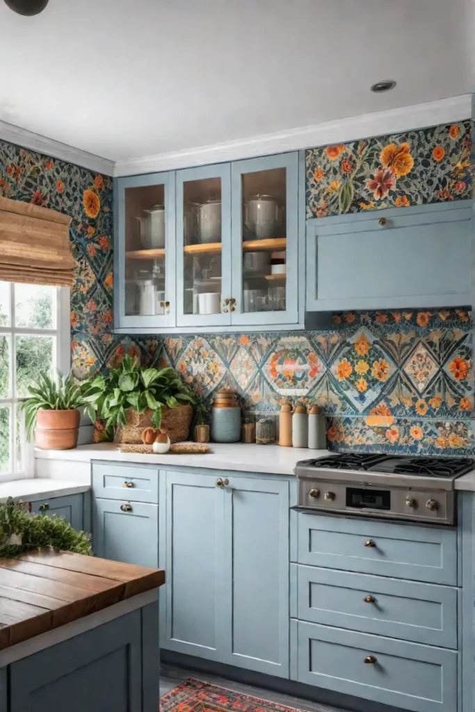 Bohemian kitchen with colorful wallpaper and mosaic tile