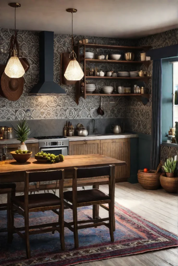 Bohemian kitchen with eclectic decor and vibrant textiles