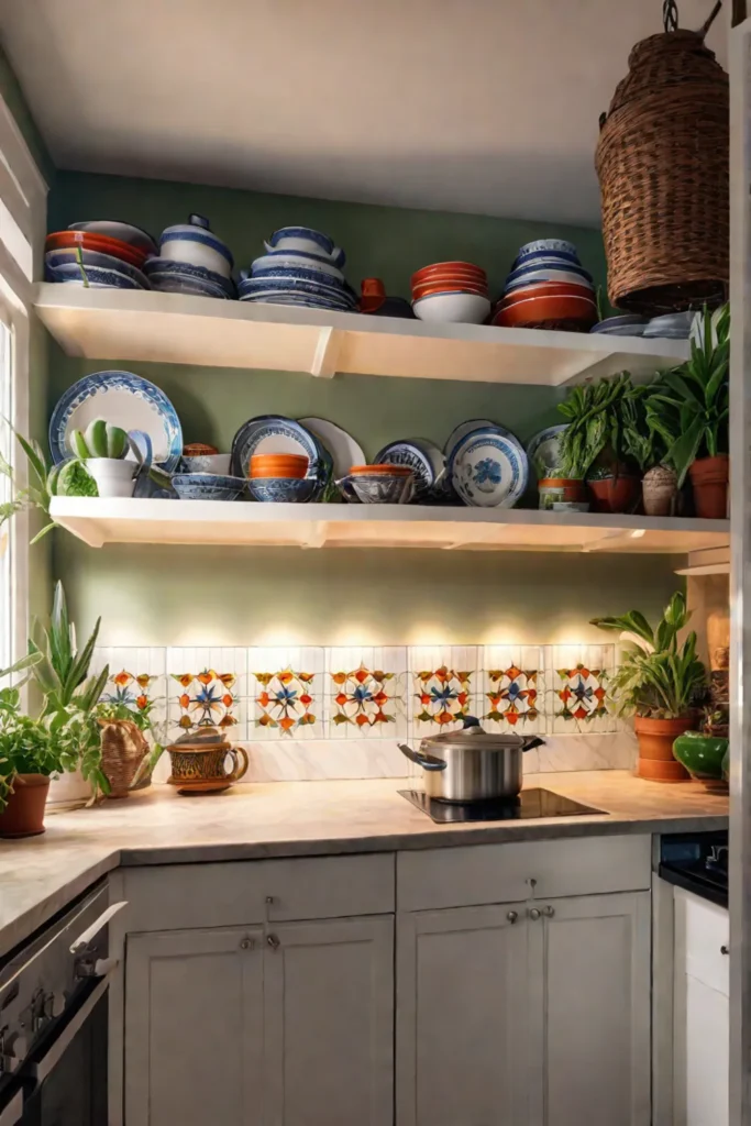 Bohemian kitchen with handpainted tiles thrifted dishware and hanging potted plants