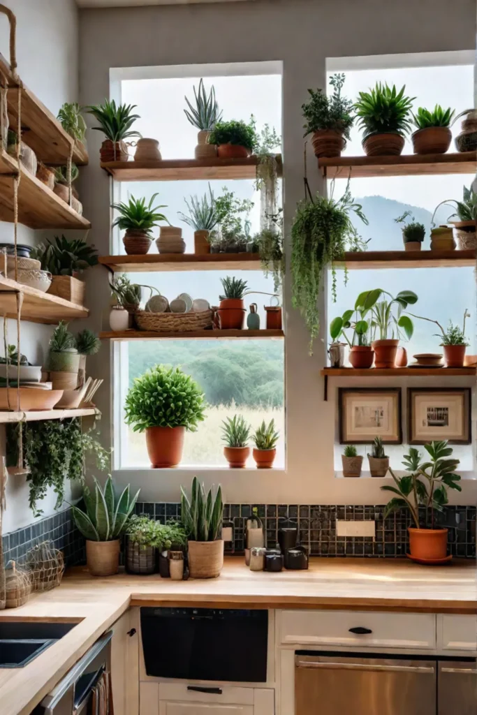 Bohemian kitchen with open shelves decorated with macrame and plants displaying colorful