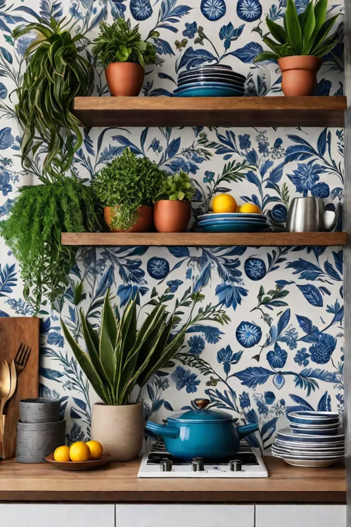 Bohemian kitchen with patterned wallpaper and floating shelves