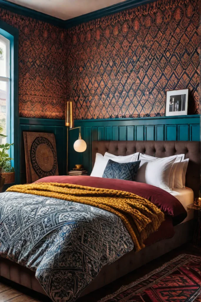 Bohemian wallpaper bedroom with vibrant patterns