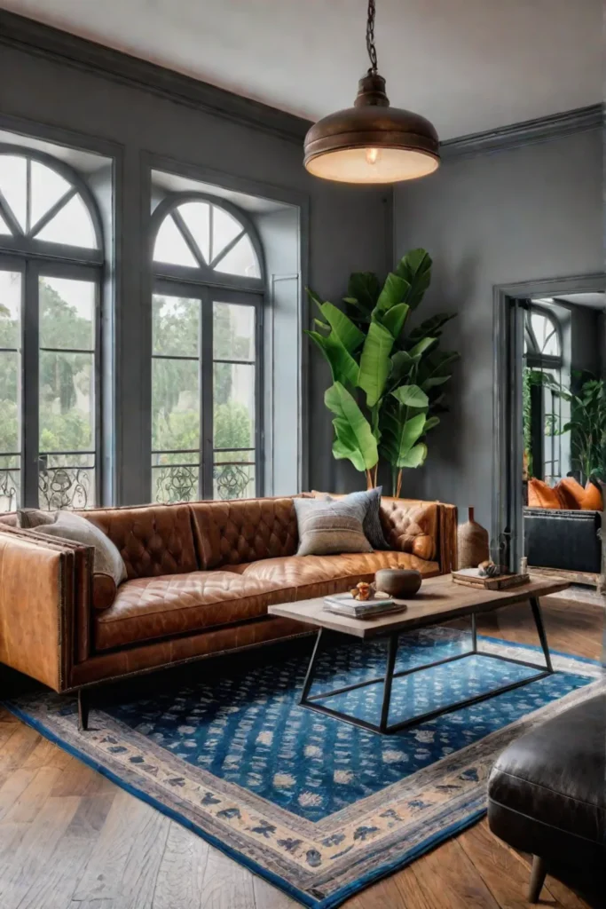 Bohemian industrial living room with layered textiles and colorful accents