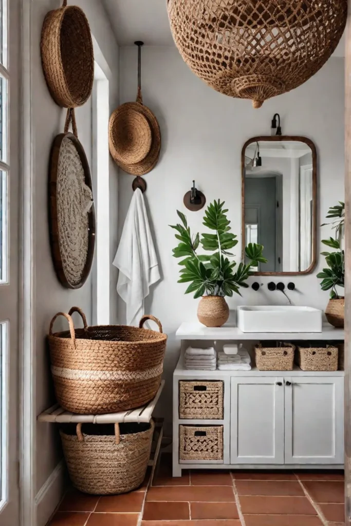 Bohemianstyle coastal bathroom with terracotta tile flooring