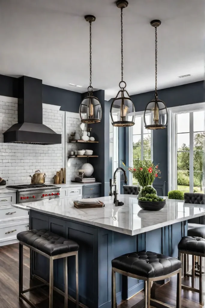 Bold kitchen island with twotone color scheme and pendant lights