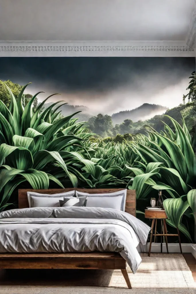 Botanical print wallpaper bedroom with lush greenery