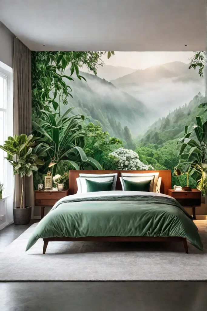 Botanical wallpaper in a spacious bedroom