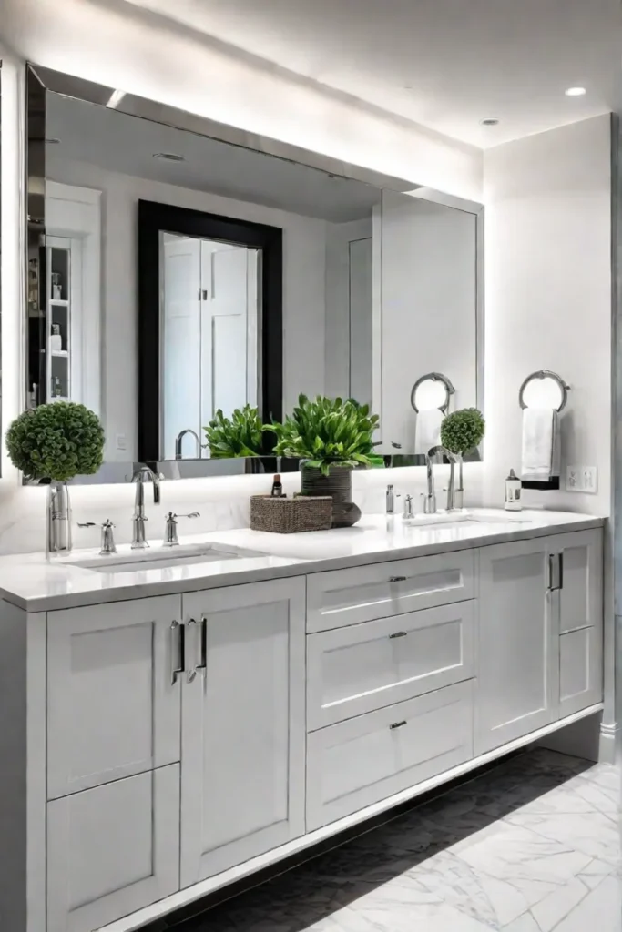 Bright bathroom with double vanity and shaker cabinets