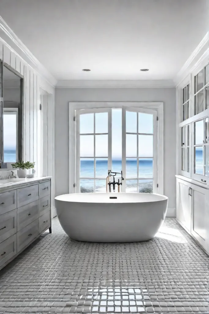 Bright coastal bathroom with white tile flooring and ample natural light