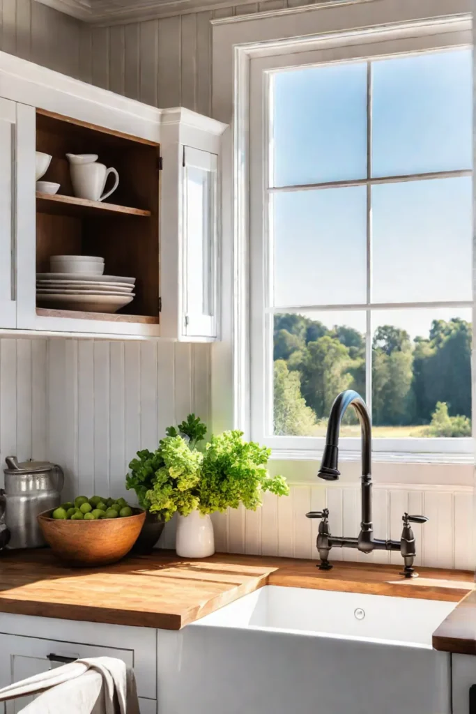 Bright farmhouse kitchen with beadboard backsplash and open shelving