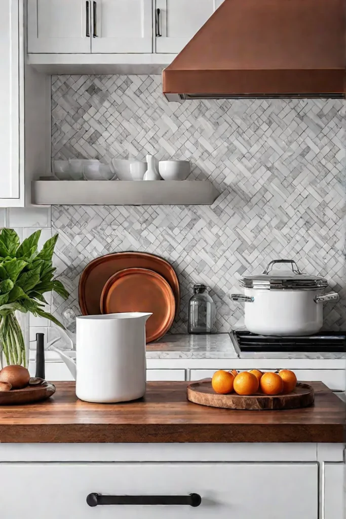 Bright farmhouse kitchen with patterned tile backsplash and copper cookware