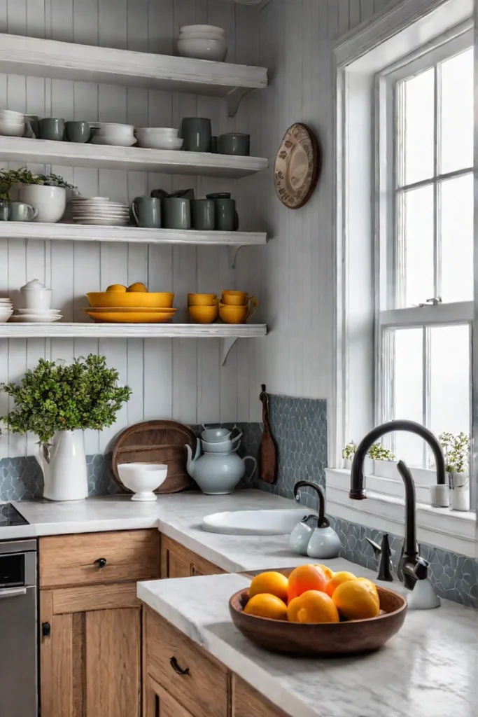 Bright farmhouse kitchen with shiplap backsplash and open shelving