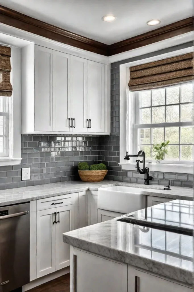 Bright kitchen with white shaker cabinets and subway tile backsplash