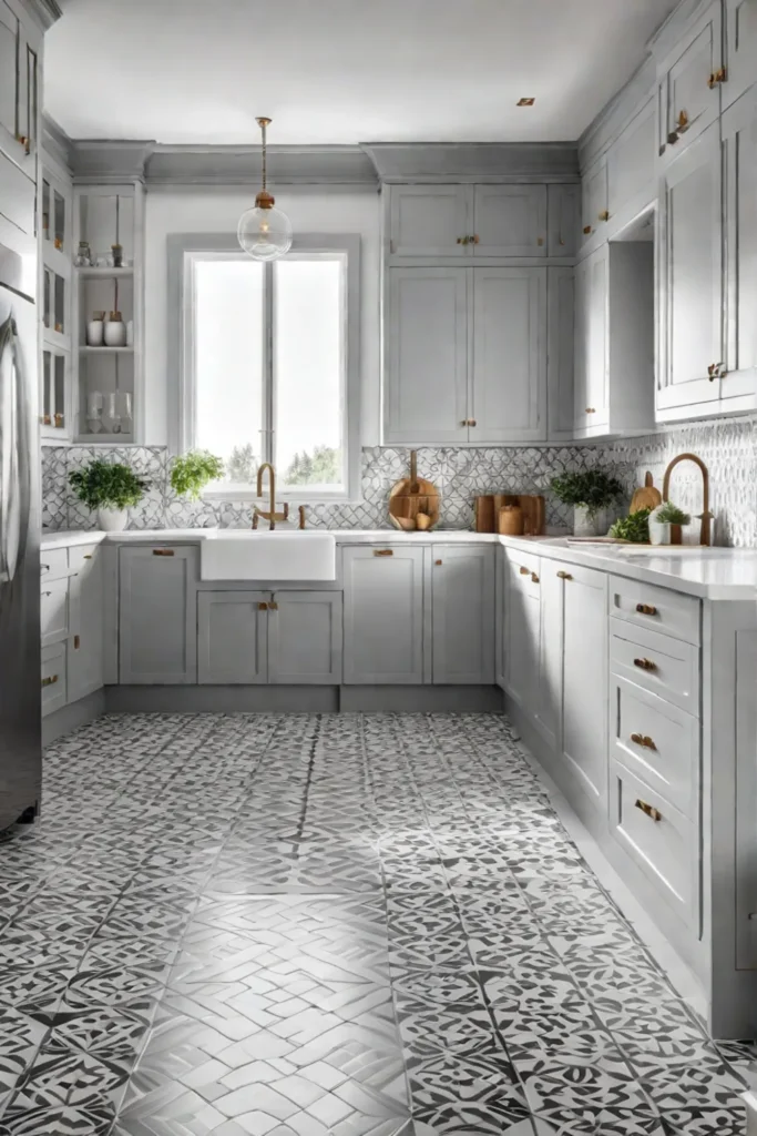 Bright kitchen with patterned tile flooring