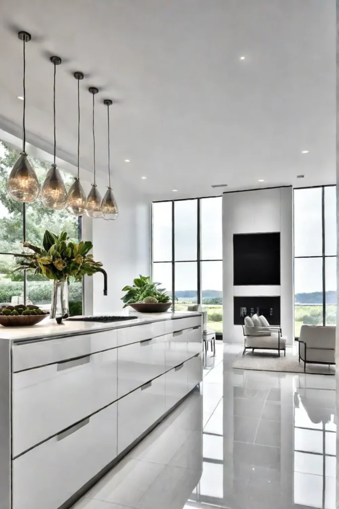 Bright kitchen with white porcelain tile flooring and modern white cabinets