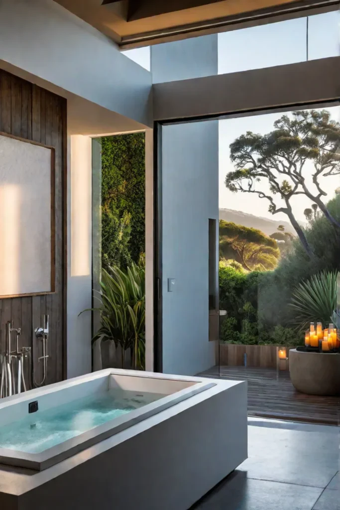 California coastal bathroom with concrete tub and outdoor access