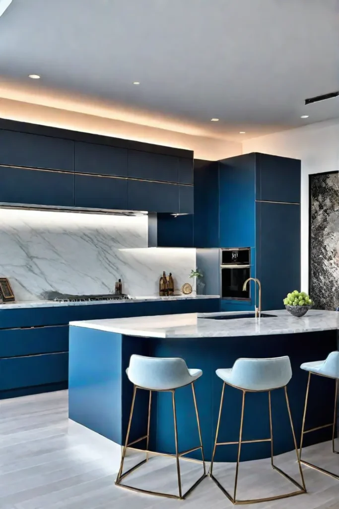 Calming kitchen space with blue cabinets and stainless steel