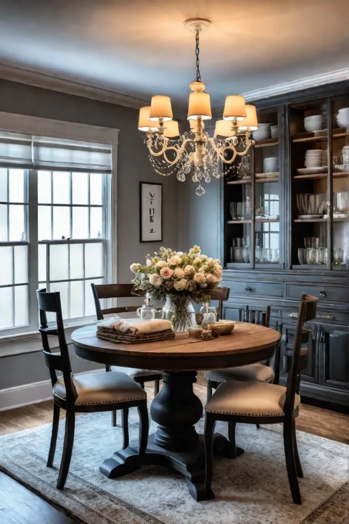 Charming farmhouse dining room with pedestal table and ladderback chairs