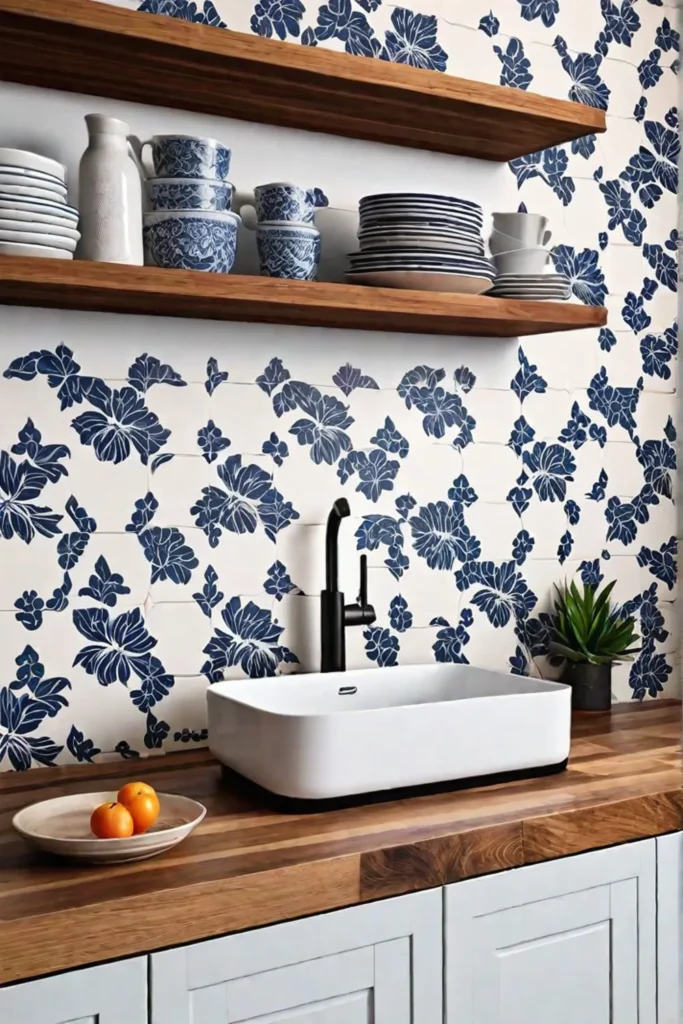 Charming farmhouse kitchen with floral peelandstick tile backsplash and butcher block countertops