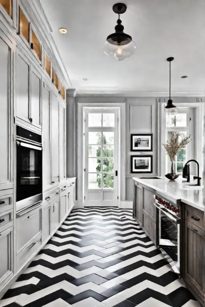 Chevron pattern tile floor in a modern kitchen