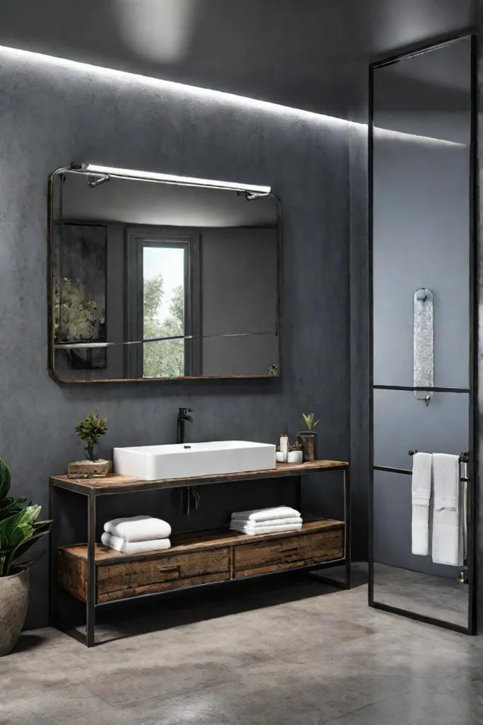 Chic bathroom with distressed metal vanity and industrial design