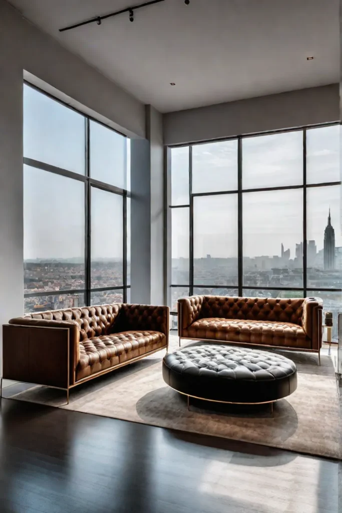 City view living room with leather sofa and midcentury modern furniture