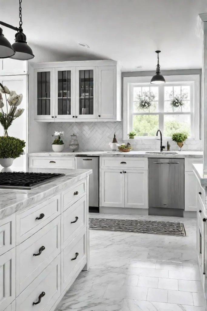 Classic kitchen with white cabinetry and marble countertops