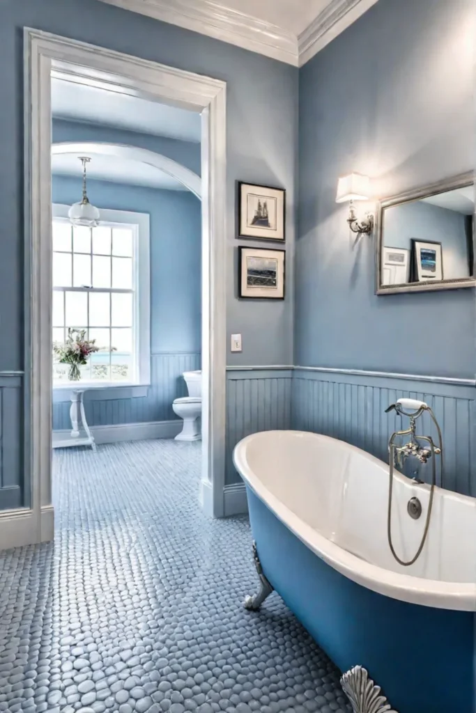 Coastal bathroom with beadboard wainscoting and blue accents