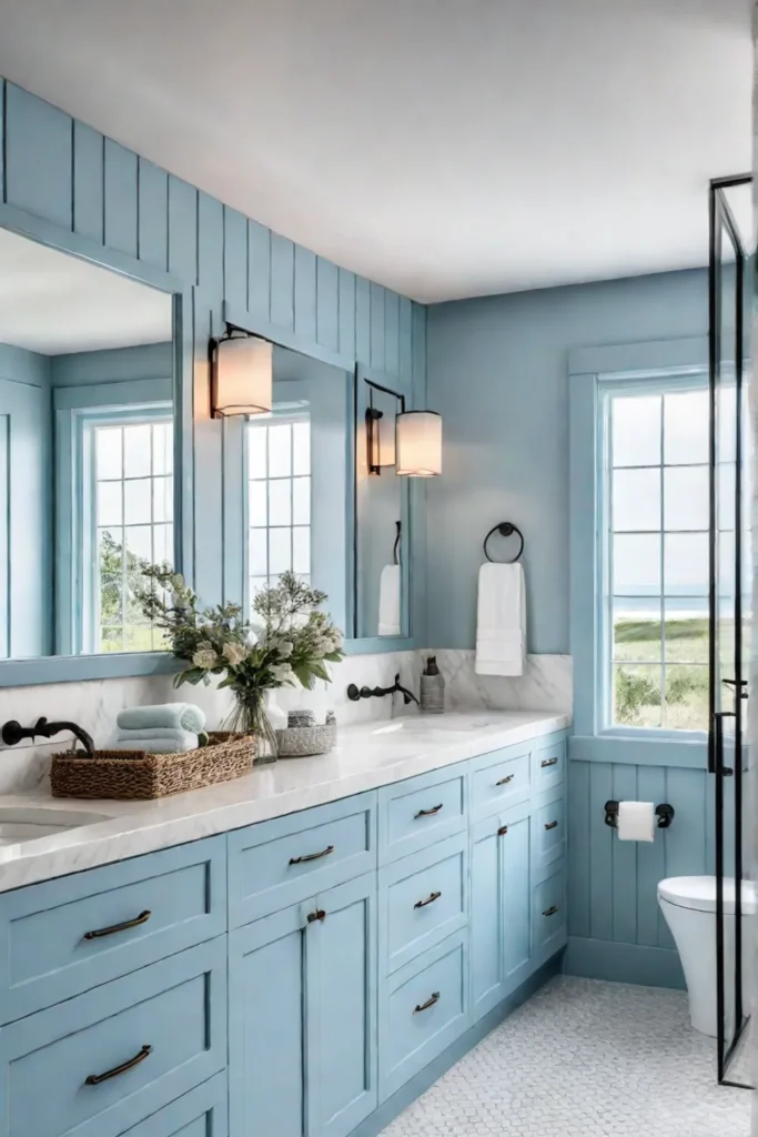 Coastal bathroom with double vanity and skylights