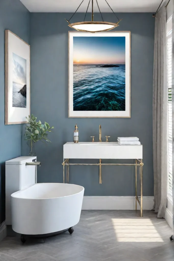 Coastal bathroom with gallery wall of coastalinspired prints