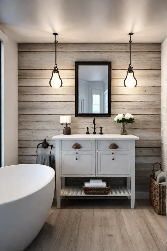 Coastal bathroom with lanternstyle lighting and driftwood accents