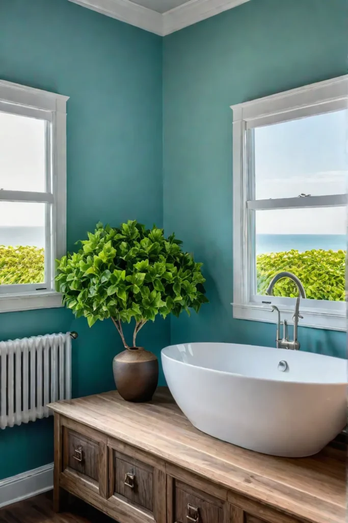 Coastal bathroom with natural light and ocean views