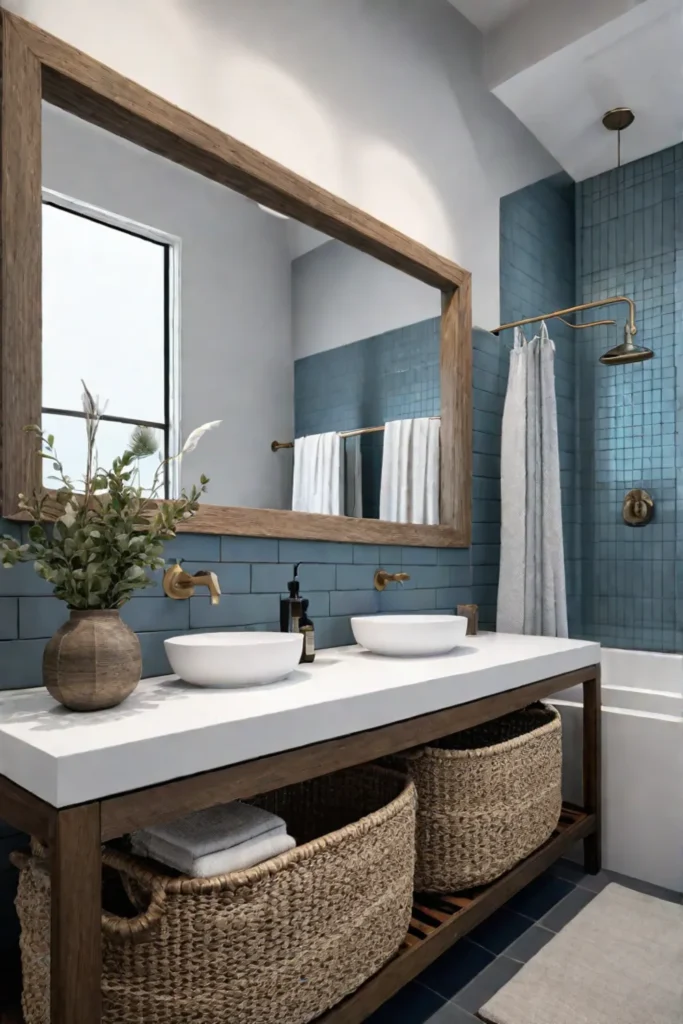 Coastal bathroom with weathered vanity and ceramic sink