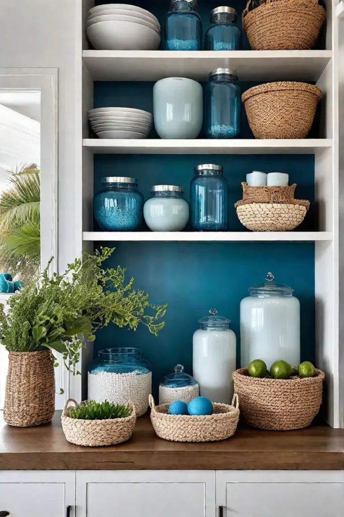 Coastal kitchen open shelving with seagrass baskets and blue jars