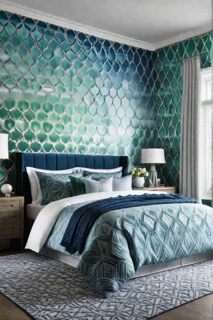 Coastal wallpaper bedroom with geometric patterns