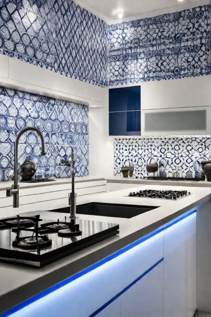 Coastalinspired kitchen with blue and white patterned backsplash