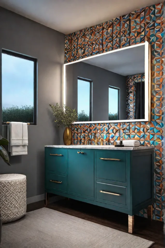 Colorful bathroom with geometric vanity and patterned mirror