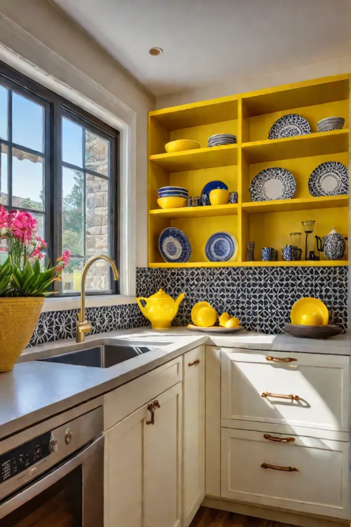 Colorful kitchen with yellow cabinets and Fiestaware