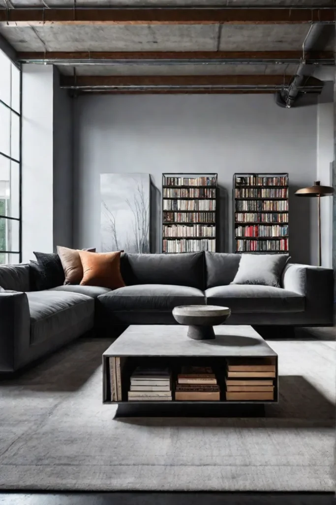 Concrete coffee table as a centerpiece in an industrial living room