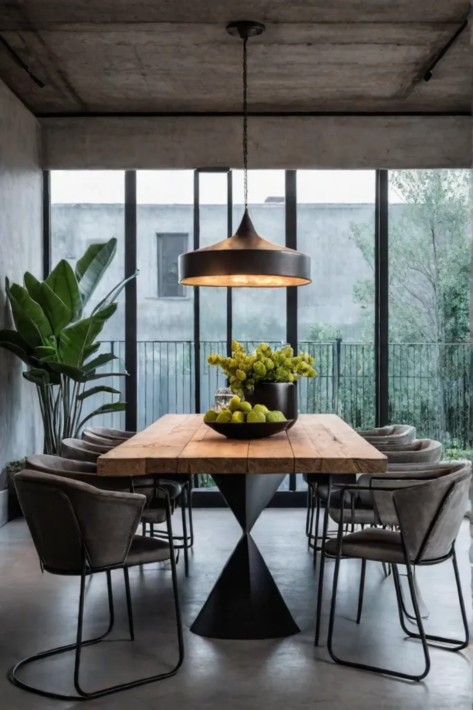 Concrete dining table and metal chairs in an industrial dining area