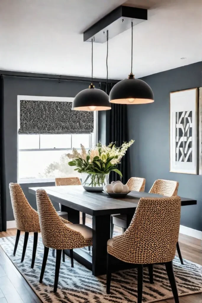 Contemporary farmhouse dining space with geometric wallpaper