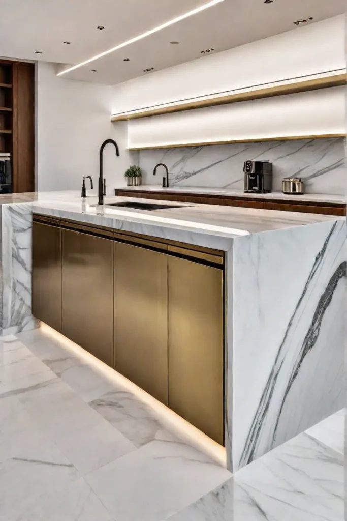 Contemporary kitchen with Calacatta marble countertop and brass fixtures