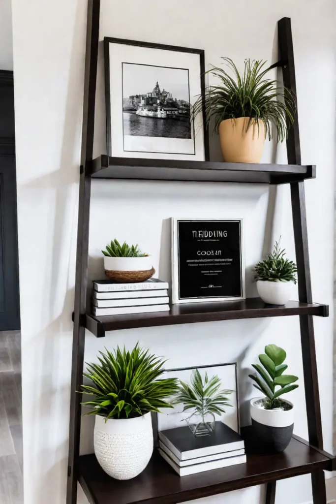 Contemporary kitchen with a dark wood ladder shelf displaying cookbooks plants and