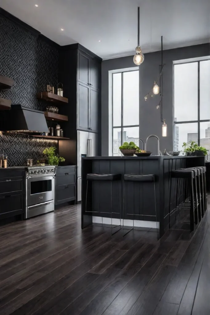 Contemporary kitchen with black quartz countertops and dark cabinets