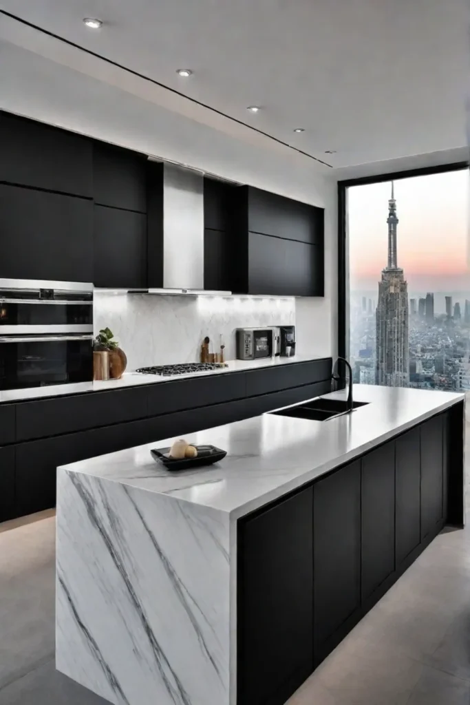 Contemporary kitchen with matte black flatpanel cabinets and quartz countertop