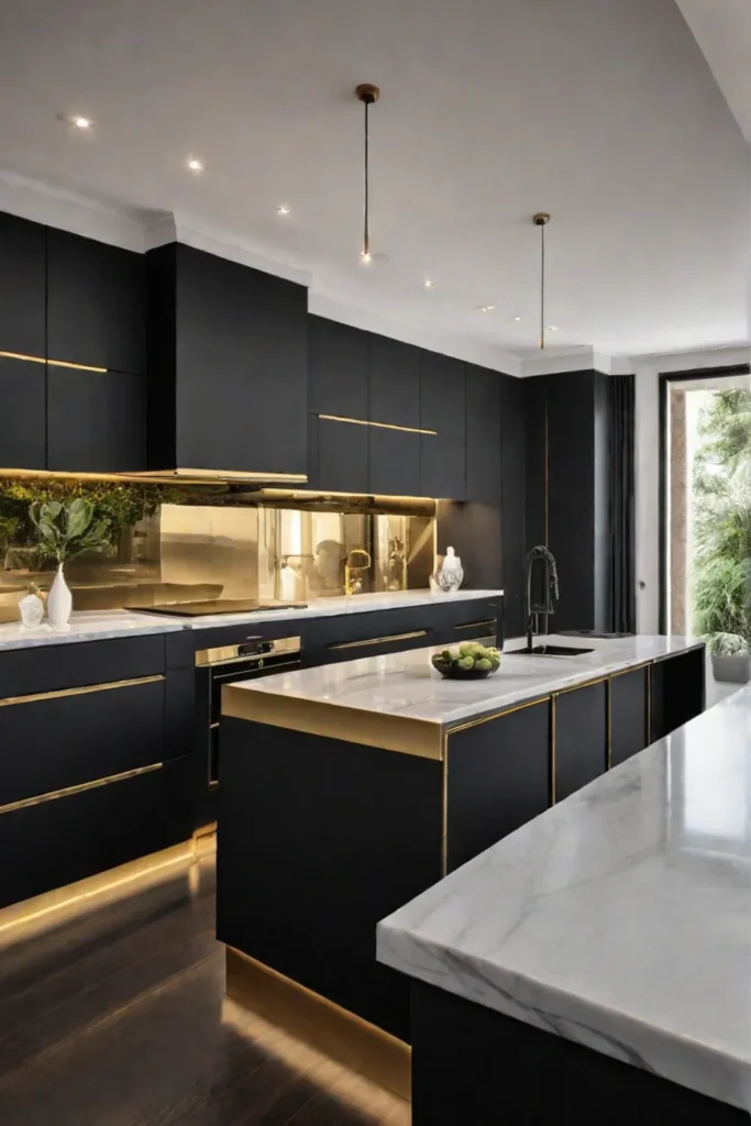 Contemporary kitchen with matte black slab cabinets and gold hardware